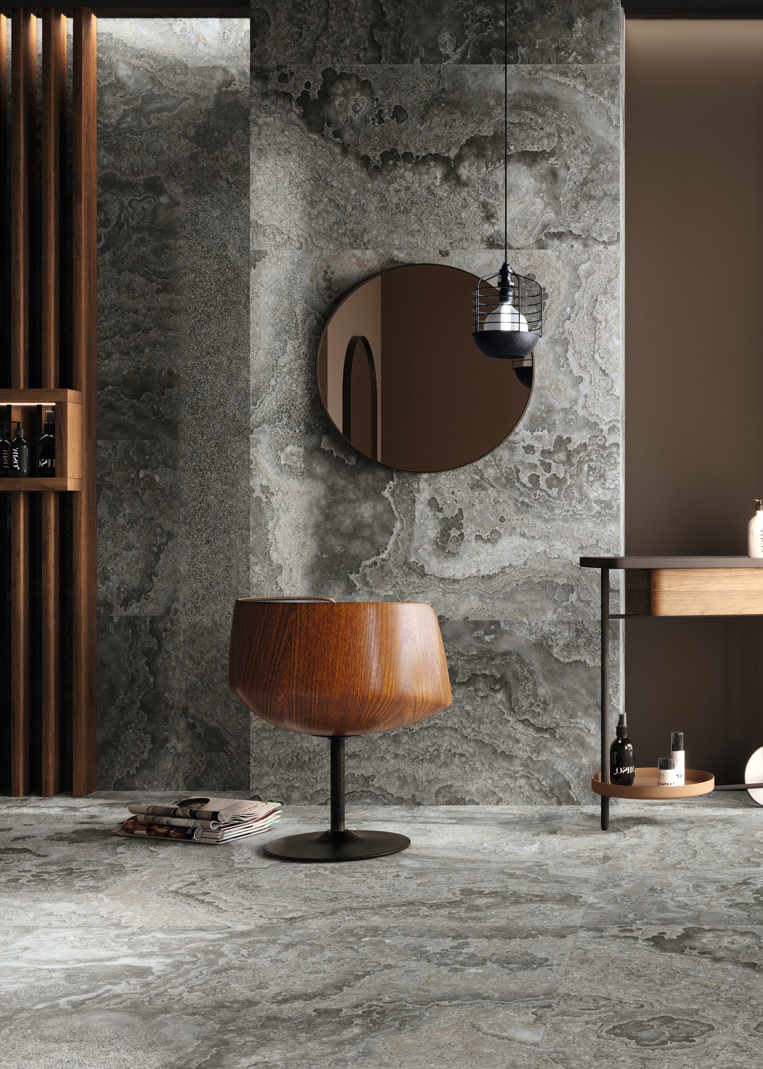 Modern interior with round mirrors, wooden chairs, and a small table against a marble wall.