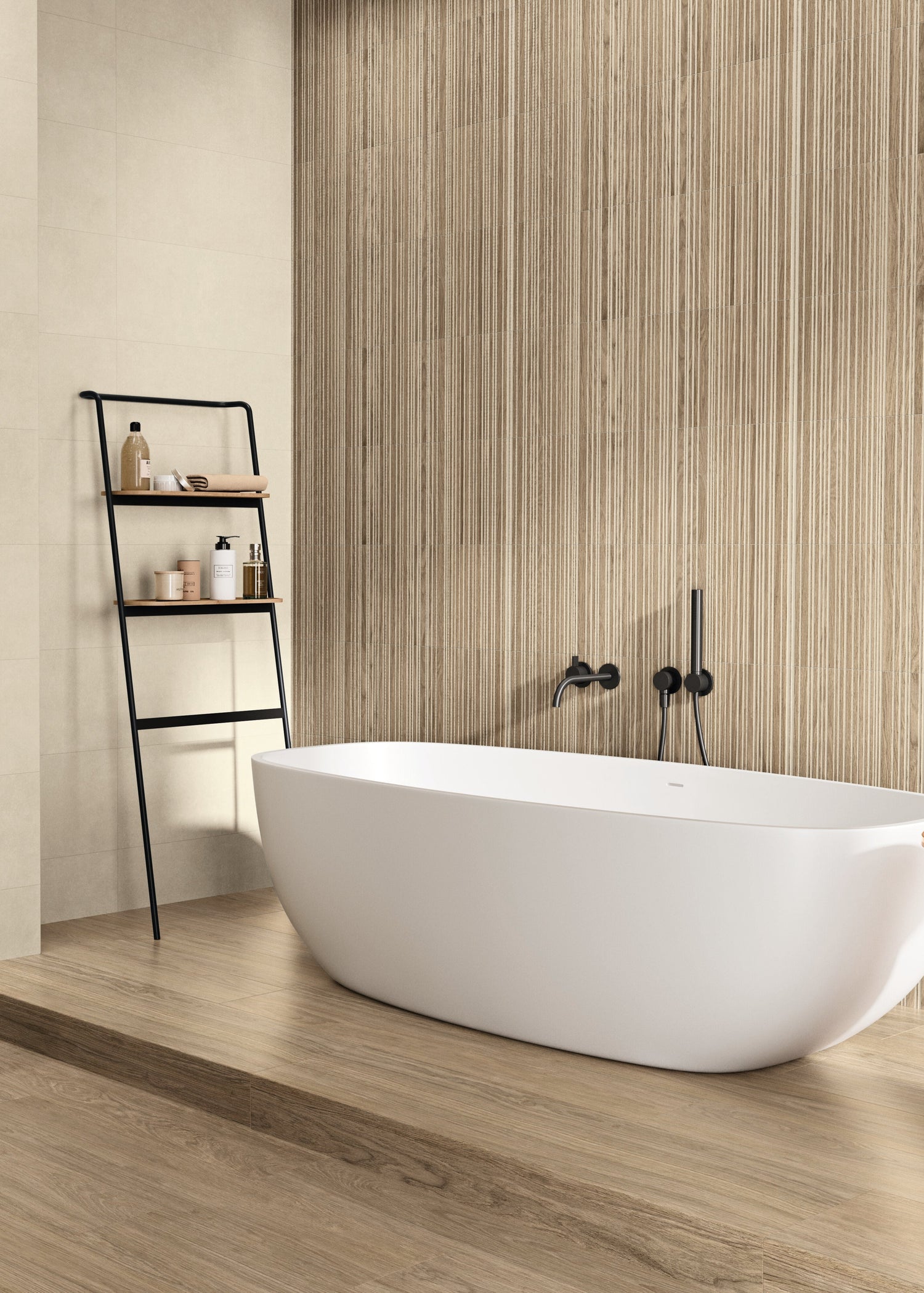 Modern bathroom with a freestanding bathtub, sink, and shelves.